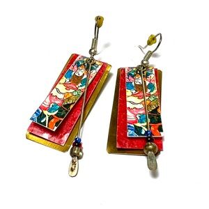 Colorful abstract design metal earrings.